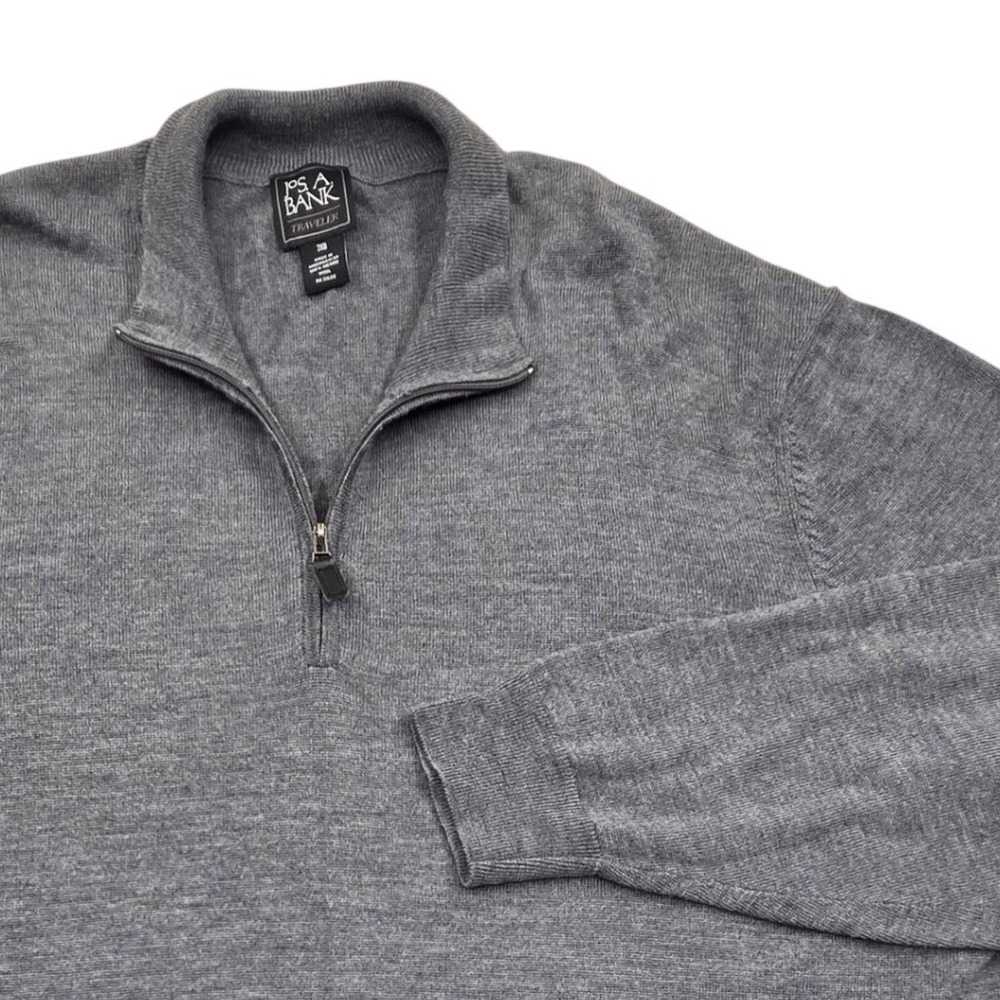 Jos A Bank Traveler Mens 2XB Charcoal Gray 100% Merino Wool Quarter Zip Sweater